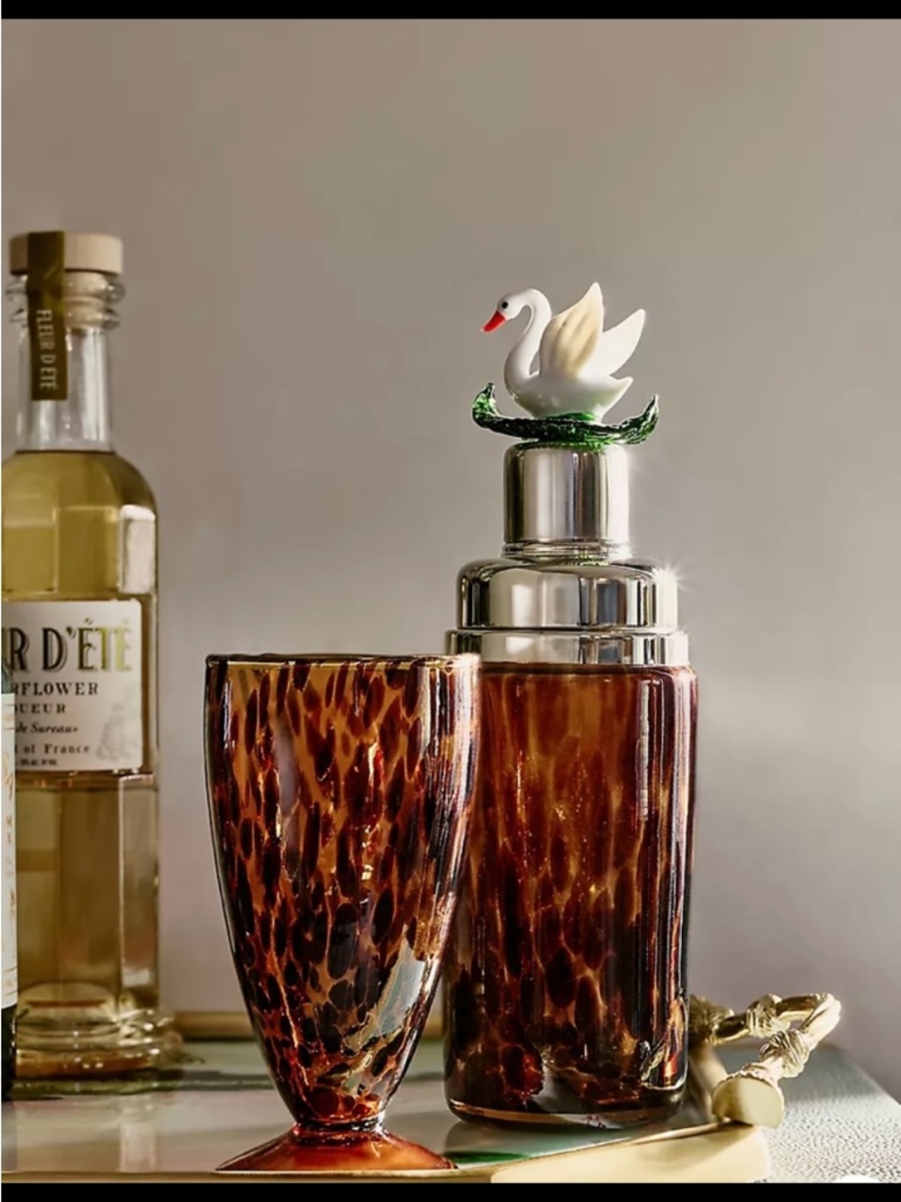 Anthropologie Brown Tortoiseshell Glass Cocktail Shaker with Swan Topper